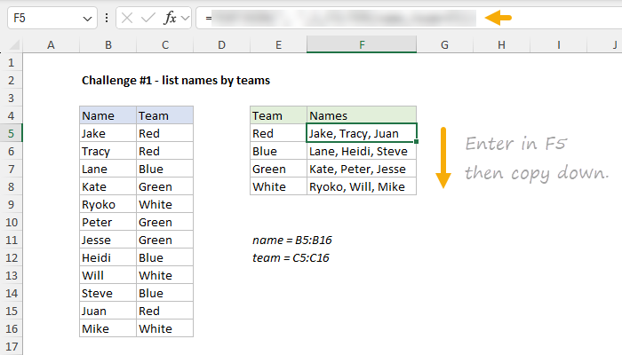 Formula challenge - list names by teams