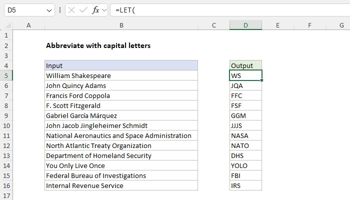 Excel Abbreviate names or words