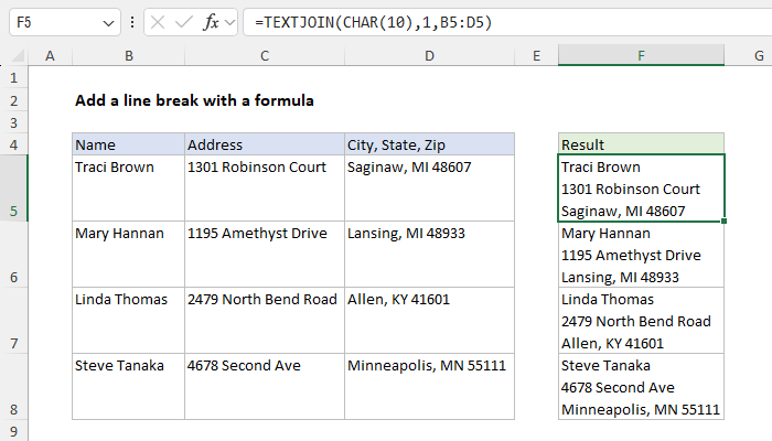 Excel Add a line break with a formula