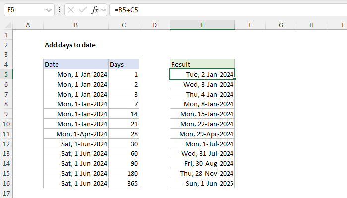 Excel Add days to date