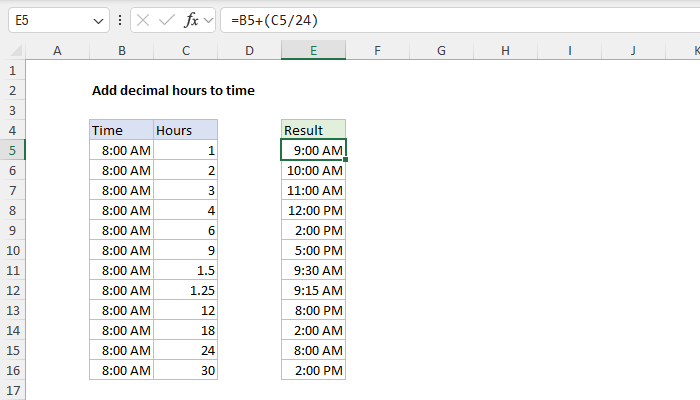 Excel Add decimal hours to time