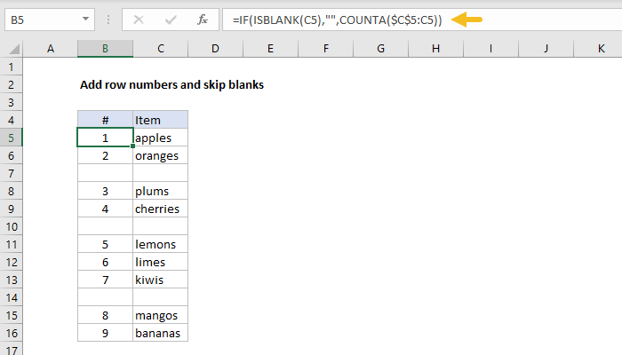 Excel Add row numbers and skip blanks