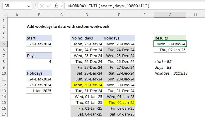 Excel Add workdays to date custom workweek