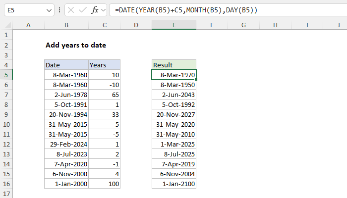 Excel Add years to date
