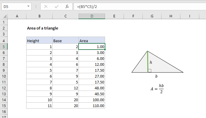Excel Area of a triangle