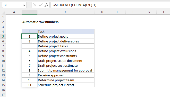 Excel Automatic row numbers