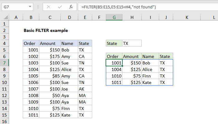 Excel Basic filter example
