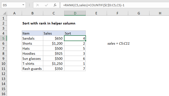 Excel Basic numeric sort formula