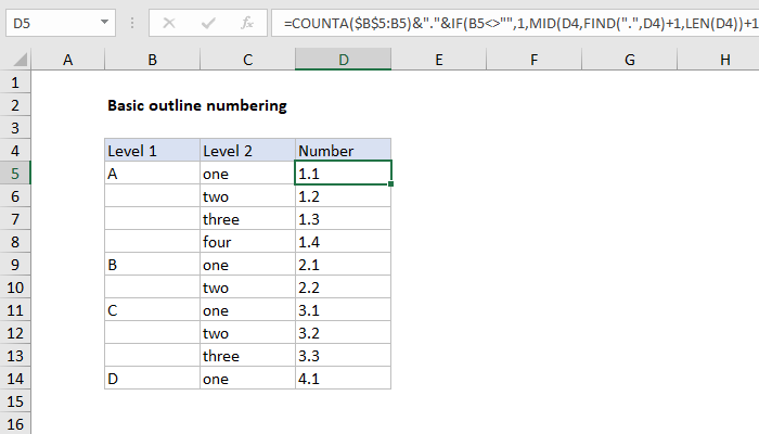 Excel Basic outline numbering