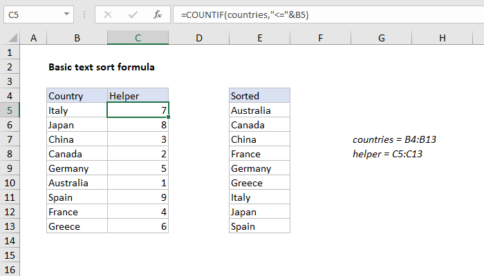 Excel Basic text sort formula