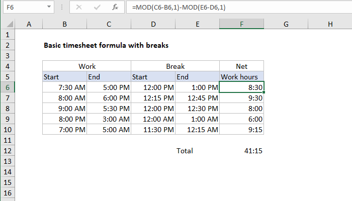 Excel Basic timesheet formula with breaks