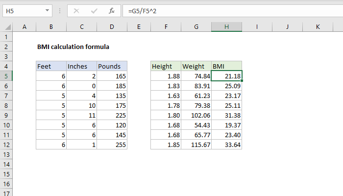 Excel BMI calculation formula