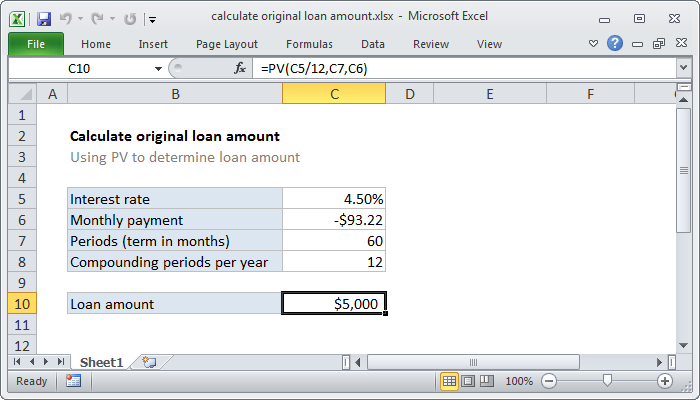 Excel Calculate original loan amount