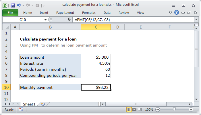 Excel Calculate payment for a loan
