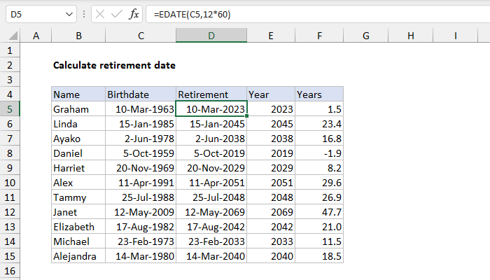 Excel Calculate retirement date