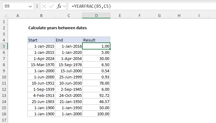 Excel Calculate years between dates