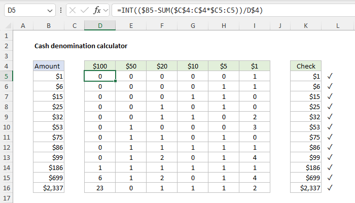 Excel Cash denomination calculator