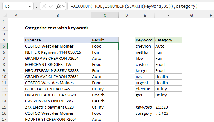 Excel Categorize text with keywords