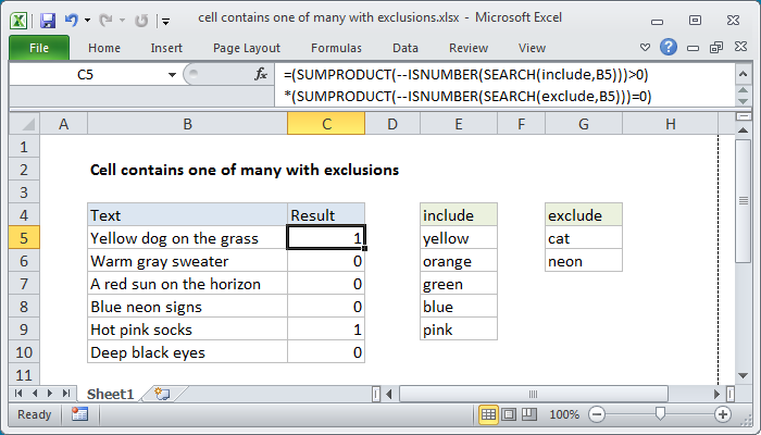 Excel Cell contains one of many with exclusions