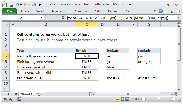Excel Cell contains some words but not others