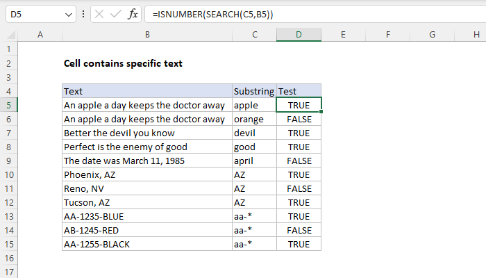 Excel Cell contains specific text