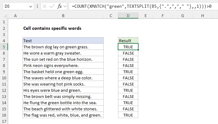 Excel Cell contains specific words