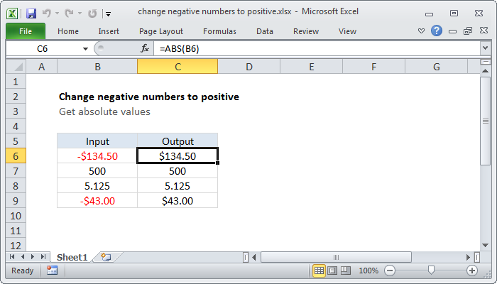 Excel Change negative numbers to positive