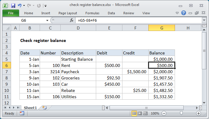 Excel Check register balance