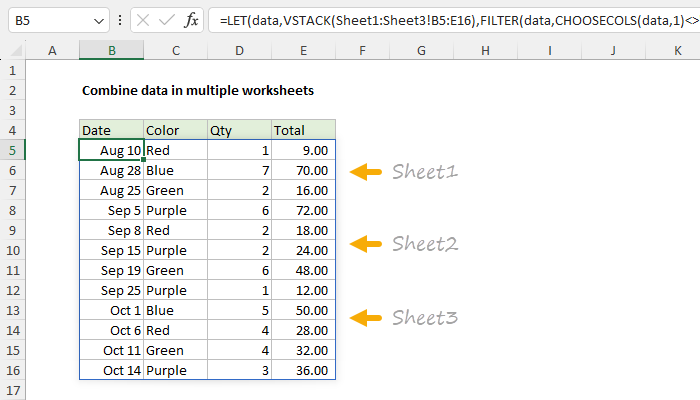 Excel Combine data in multiple worksheets