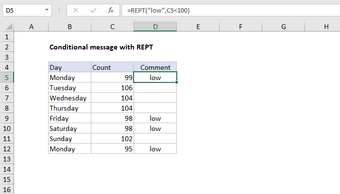 Conditional message with REPT function