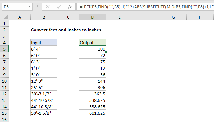 Excel Convert feet and inches to inches