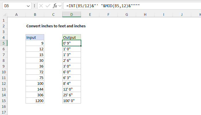 Excel Convert inches to feet and inches