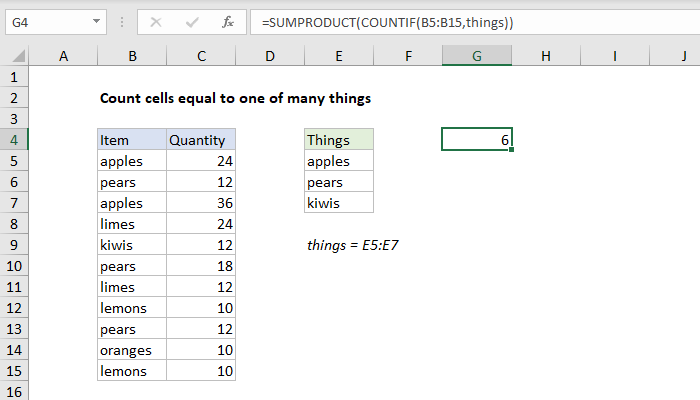 Excel Count cells equal to one of many things