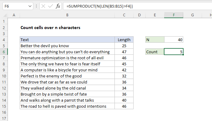 Excel Count cells over n characters