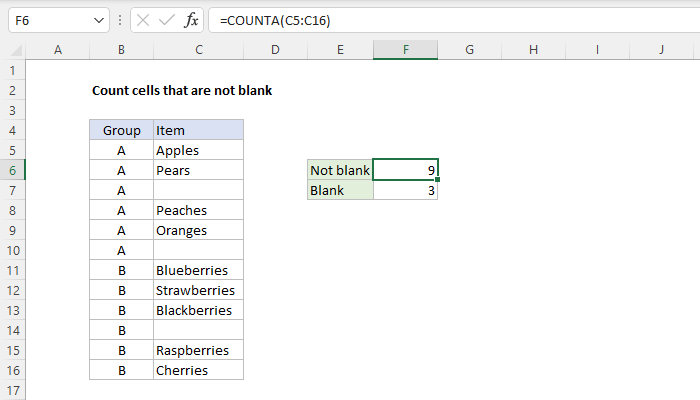 Excel Count cells that are not blank