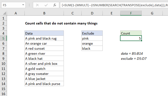Excel Count cells that do not contain many strings