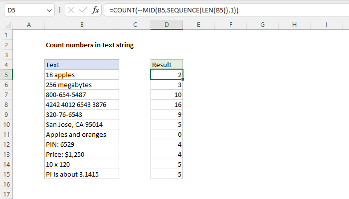 Excel Count numbers in text string