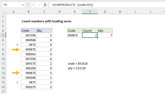 Excel Count numbers with leading zeros