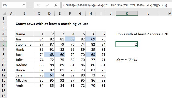 Excel Count rows with at least n matching values