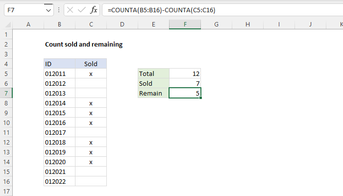 Excel Count sold and remaining