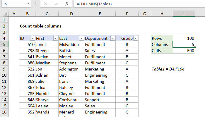 Excel Count table columns