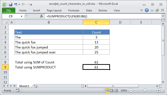 Excel Count total characters in a range