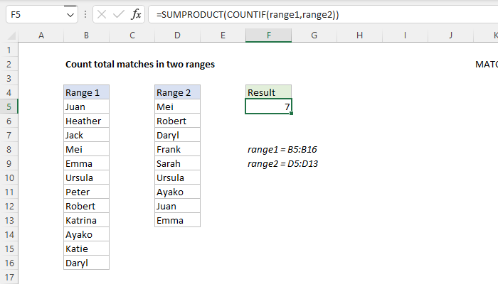 Excel Count total matches in two ranges
