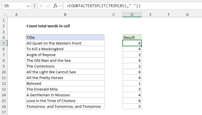 Excel Count total words in a cell