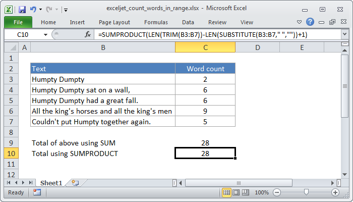 Excel Count total words in a range
