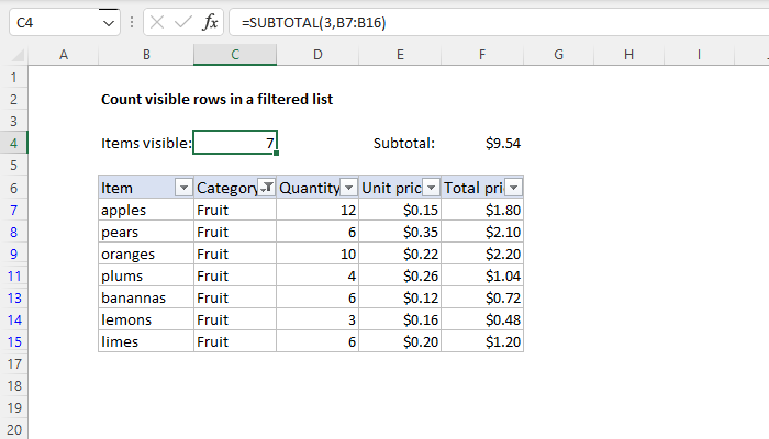 Excel Count visible rows in a filtered list