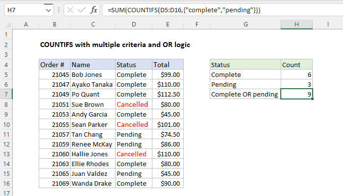 Excel COUNTIFS with multiple criteria and OR logic