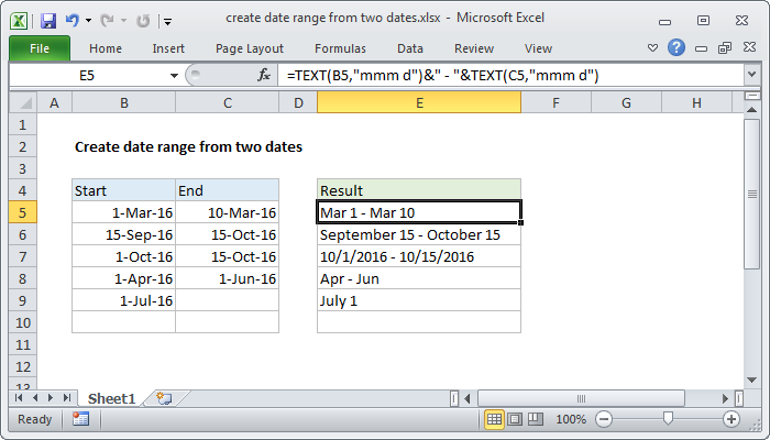 Excel Create date range from two dates