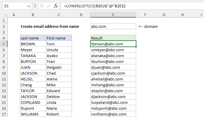 Excel Create email address from name