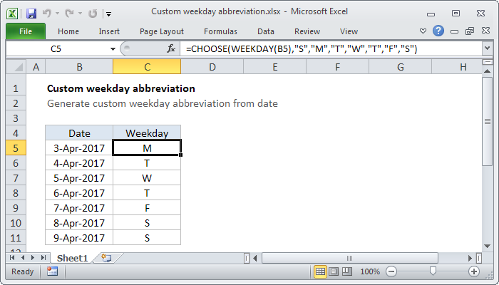 Excel Custom weekday abbreviation